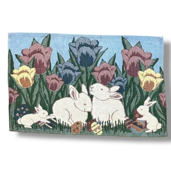 VTG Handmade Tapestry Spring Easter Bunny Rabbit Table Placemats Set Of 8 - Picture 8 of 11